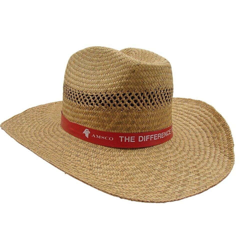 Amsco Logo Banded Straw Hat The Difference is You Fly Away Sun Beach Rockabilly